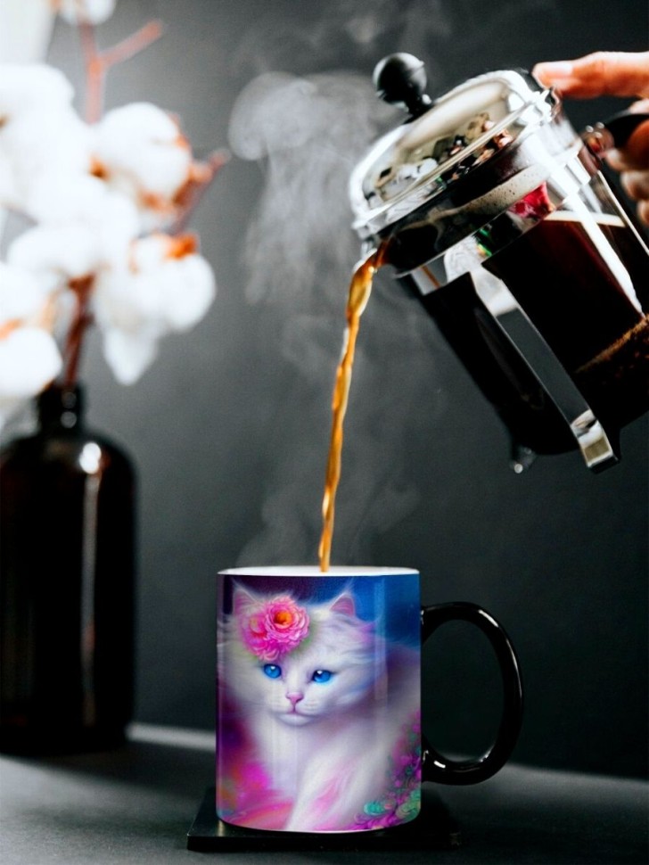 Кружка хамелеон с принтом Белый кот Кошка art cat