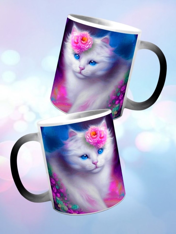 Кружка хамелеон с принтом Белый кот Кошка art cat