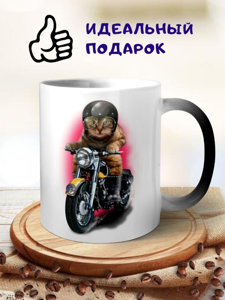Кружка хамелеон Кот на мотоцикле