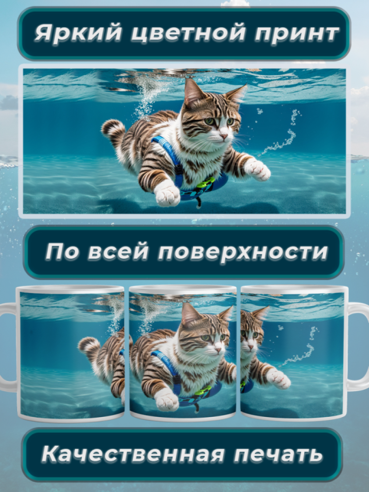 Подарок кружка с принтом "Кот водоплавающий"