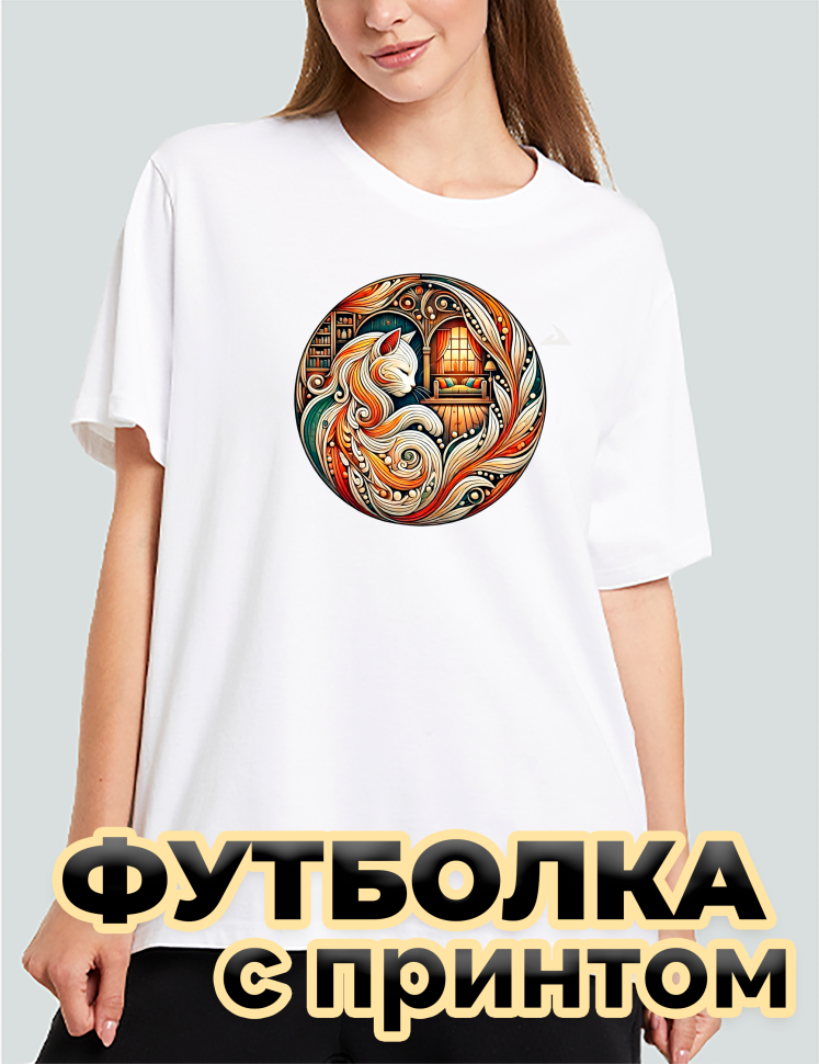 Футболка белая оверсайз с принтом Белая кошечка