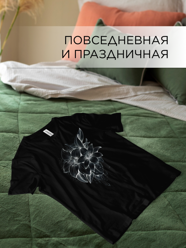 Футболка черная оверсайз с принтом Лилии рисунок 2
