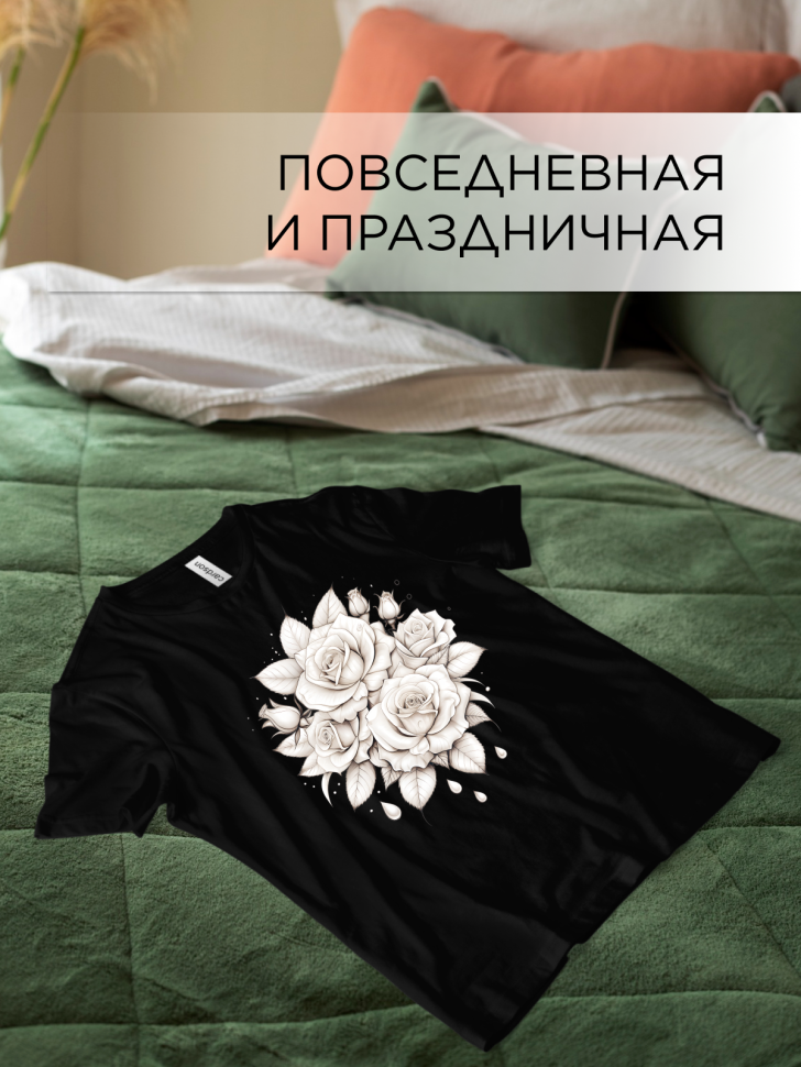 Футболка черная оверсайз с принтом Розы рисунок