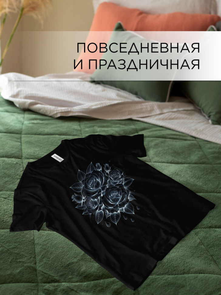Футболка черная оверсайз с принтом Розы рисунок 2