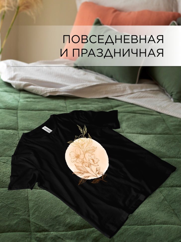 Футболка черная оверсайз с принтом Цветы круг