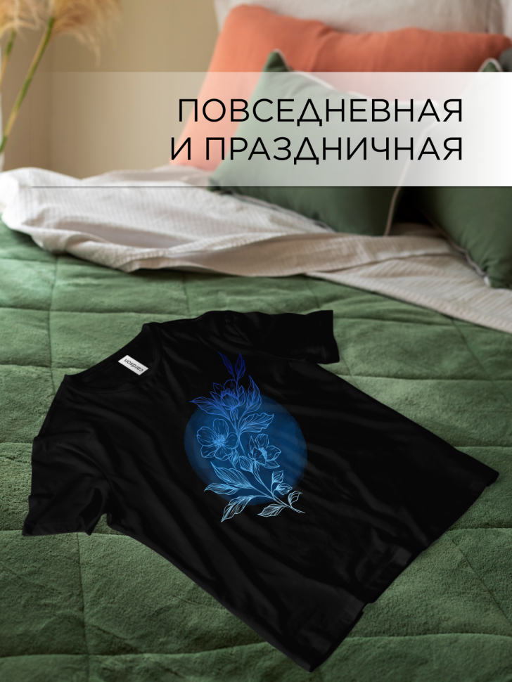 Футболка черная оверсайз с принтом Цветы круг 2