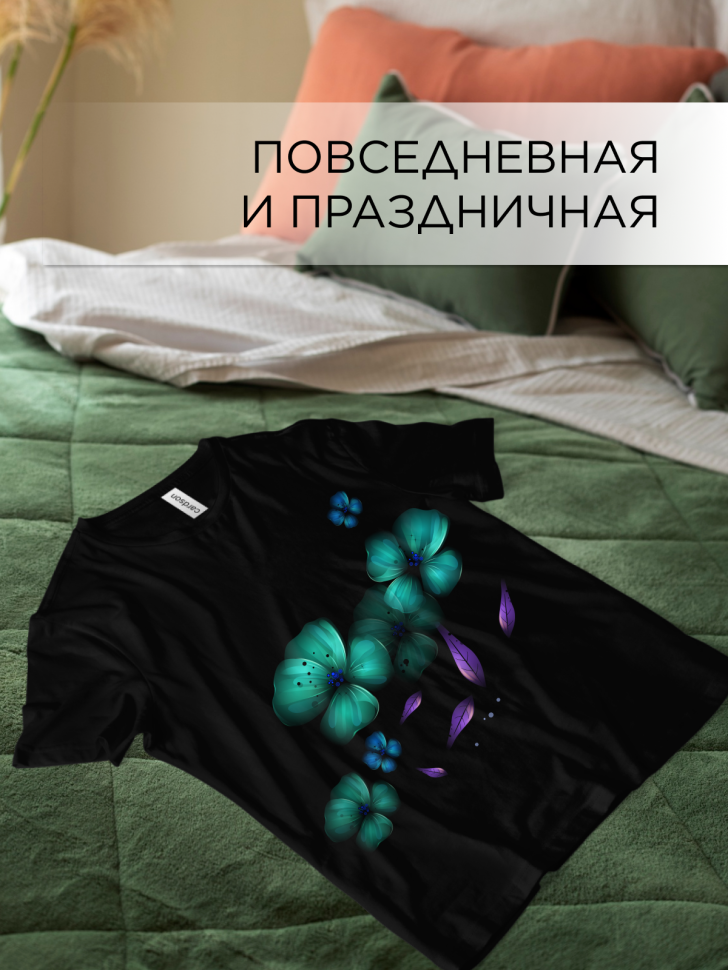 Футболка черная оверсайз с принтом Маки акварель 2