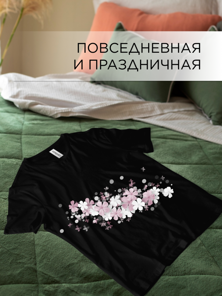 Футболка черная оверсайз с принтом Гипсофила