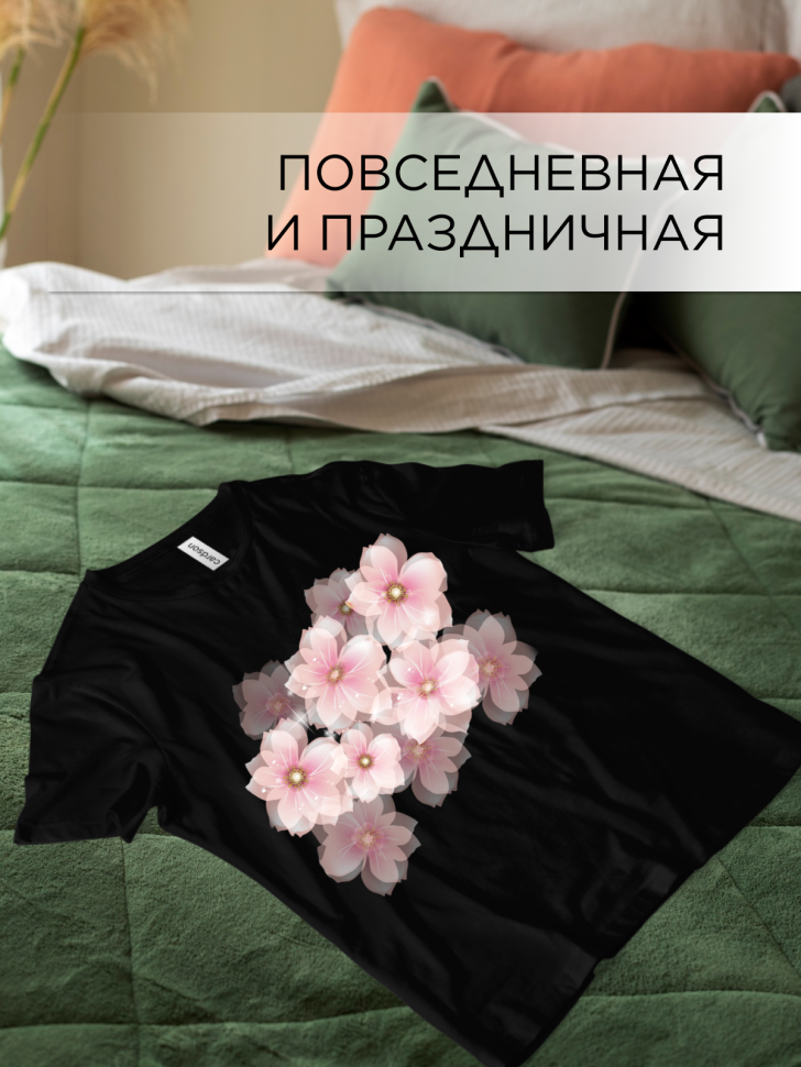 Футболка черная оверсайз с принтом Вишневый цвет