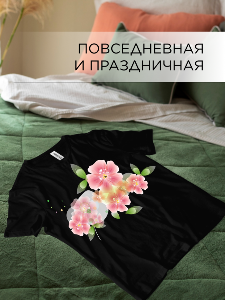 Футболка черная оверсайз с принтом Милые цветы
