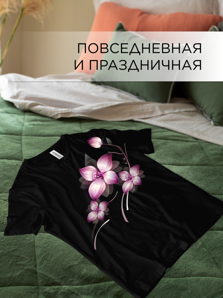 Футболка черная оверсайз с принтом Сиреневый цветок