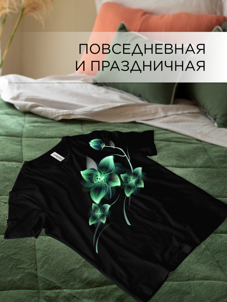 Футболка черная оверсайз с принтом Зеленый цветок