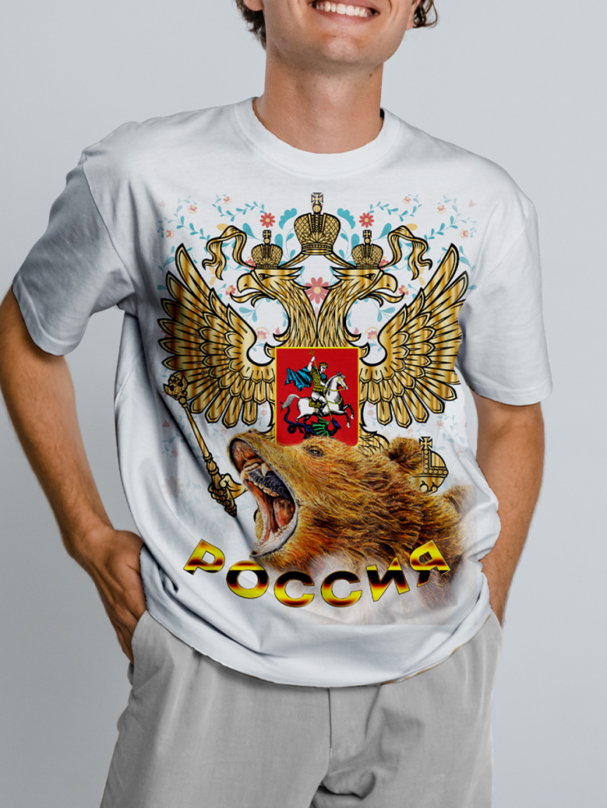 Футболка белая оверсайз, унисекс с принтом Россия