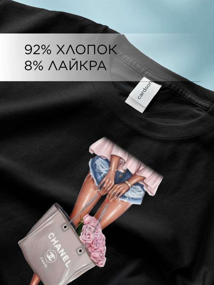Футболка черная оверсайз с принтом Шанель