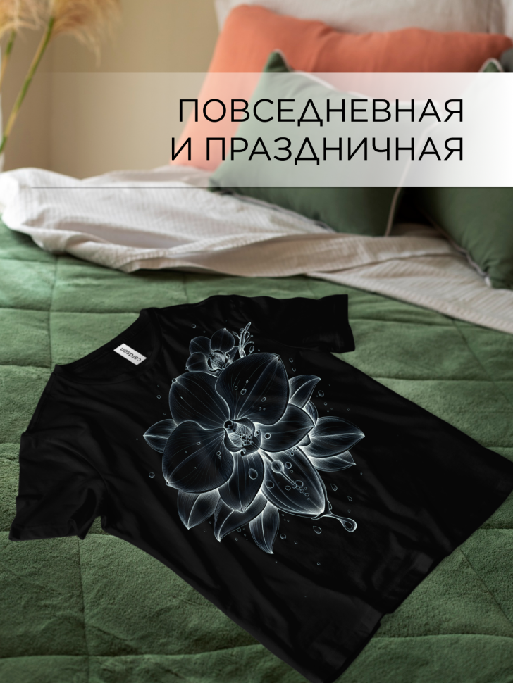Футболка черная оверсайз с принтом Орхидея рисунок 2
