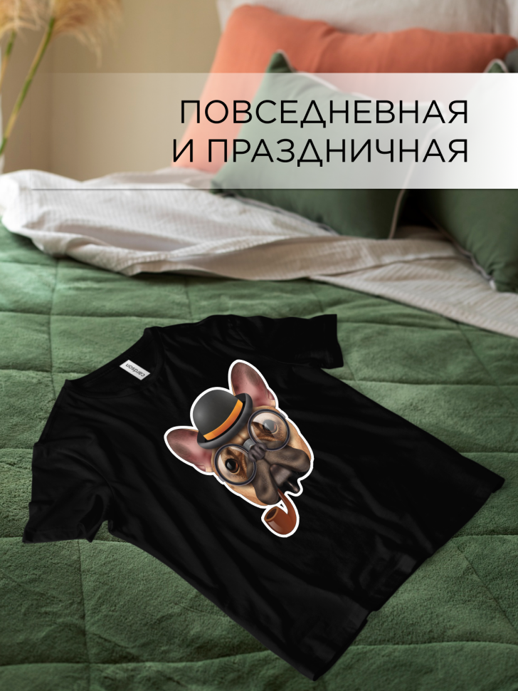 Футболка оверсайз с принтом Бульдог с трубкой черная