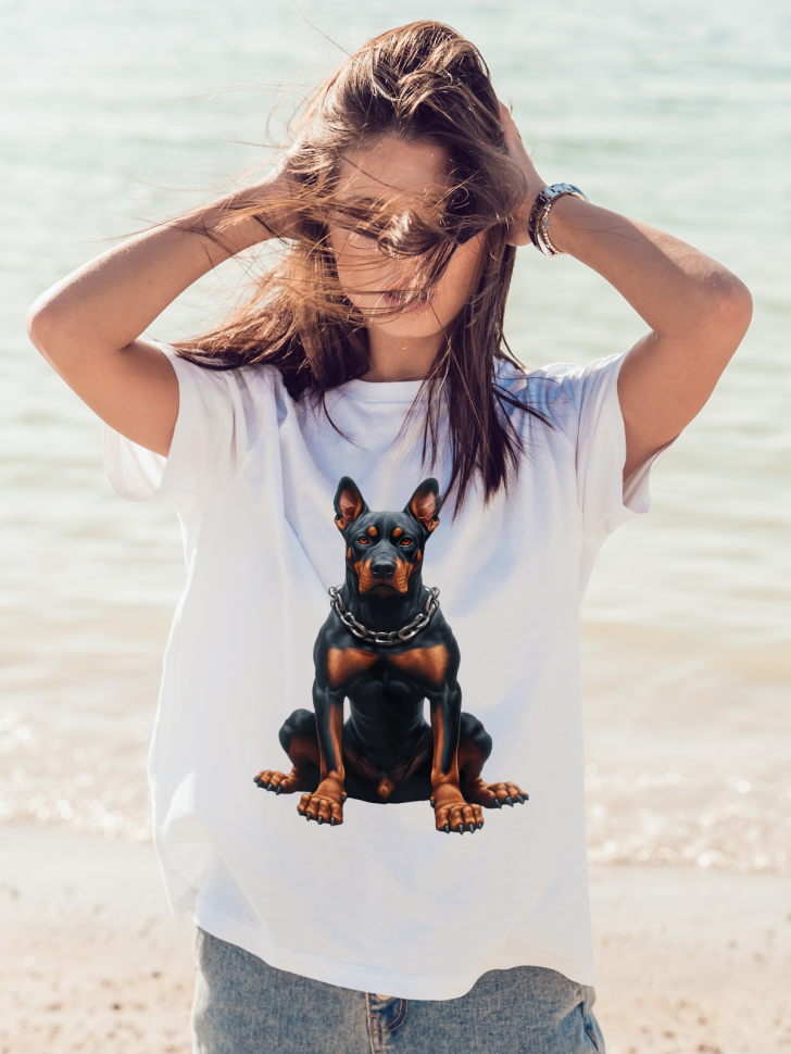 Футболка оверсайз женская с принтом доберман Футболка оверсайз женская с принтом доберман