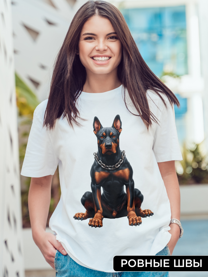 Футболка оверсайз женская с принтом доберман Футболка оверсайз женская с принтом доберман
