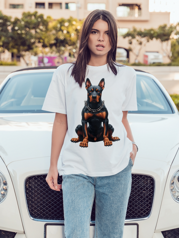 Футболка оверсайз женская с принтом доберман Футболка оверсайз женская с принтом доберман