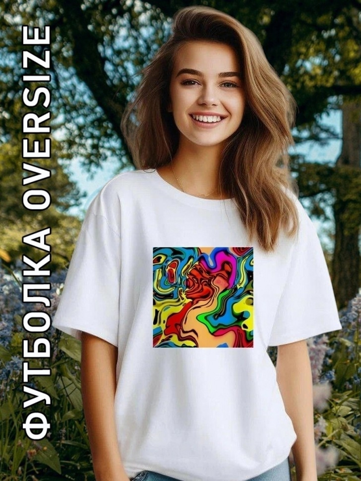 Футболка женская с принтом белая разноцветный узор