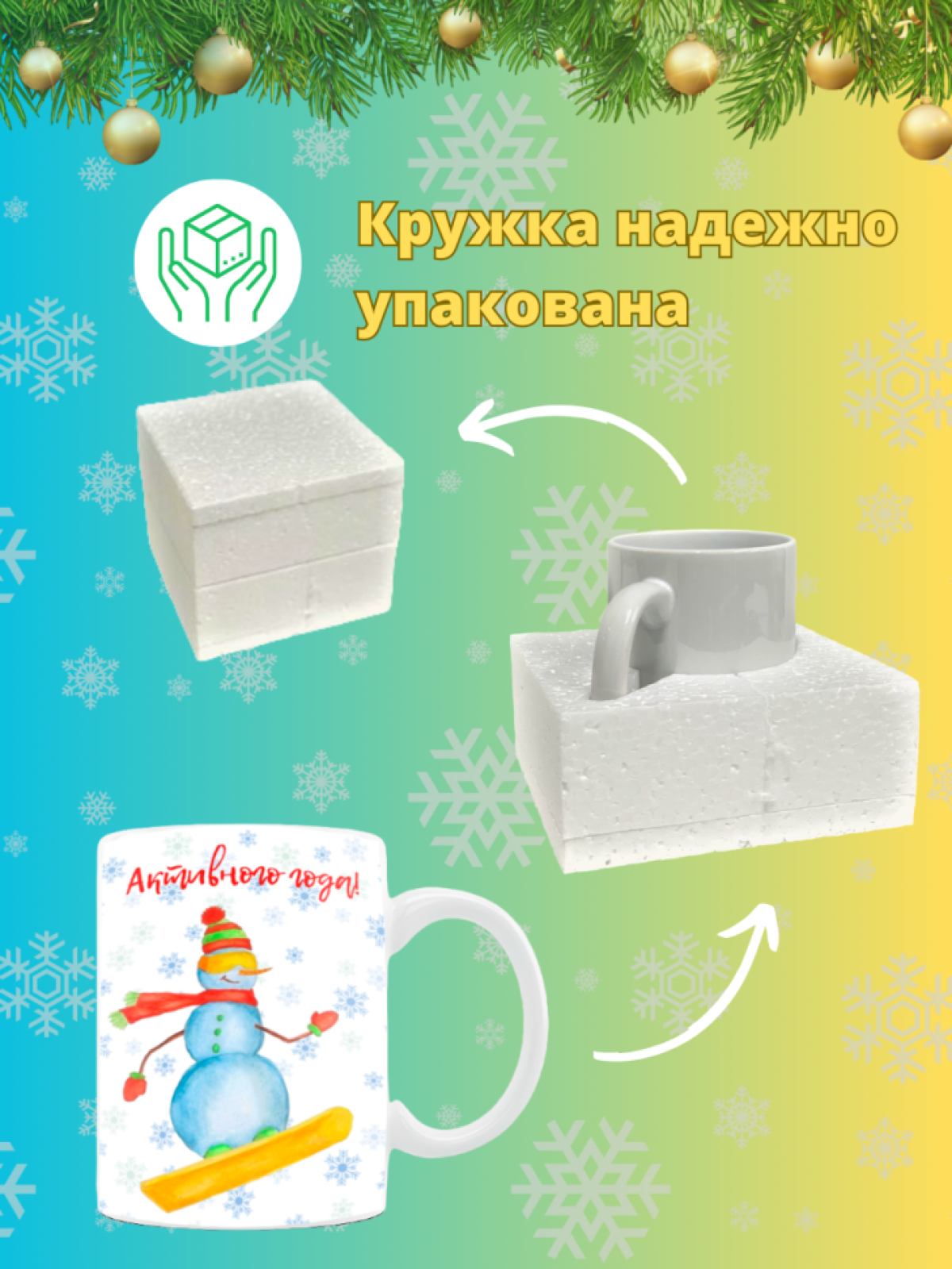 Кружка новогодняя с надписью и принтом Снеговичок