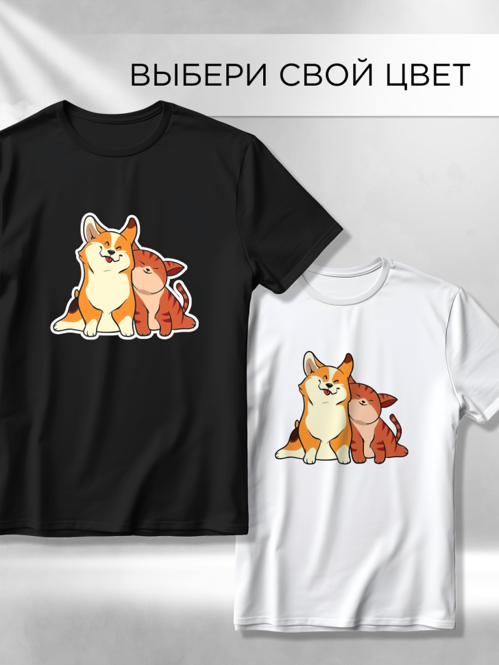 Футболка оверсайз с принтом Щенок и котенок черная Футболка оверсайз с принтом Щенок и котенок черная