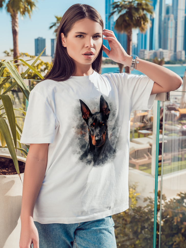Футболка оверсайз женская с принтом доберманом Футболка оверсайз женская с принтом доберманом