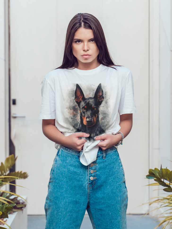 Футболка оверсайз женская с принтом доберманом Футболка оверсайз женская с принтом доберманом