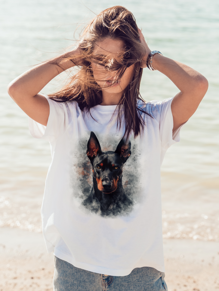 Футболка оверсайз женская с принтом доберманом Футболка оверсайз женская с принтом доберманом