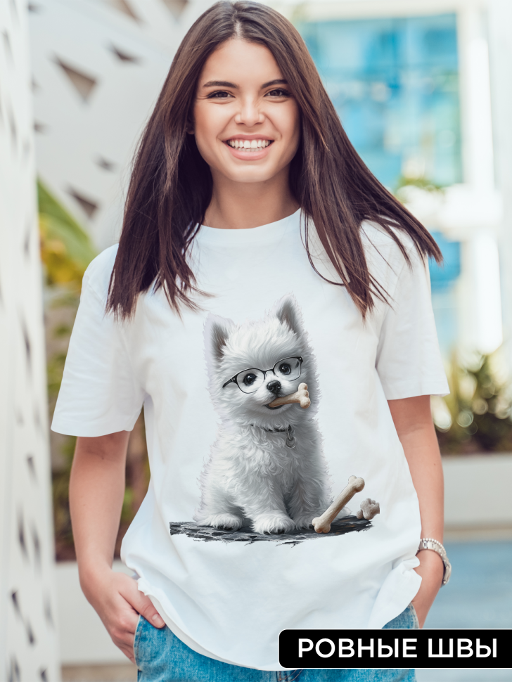 Футболка оверсайз женская с принтом милый щенок Футболка оверсайз женская с принтом милый щенок