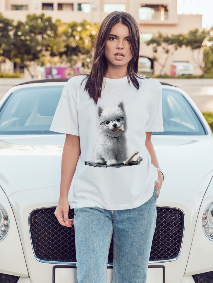 Футболка оверсайз женская с принтом милый щенок Футболка оверсайз женская с принтом милый щенок