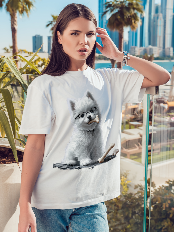 Футболка оверсайз женская с принтом милый щенок Футболка оверсайз женская с принтом милый щенок