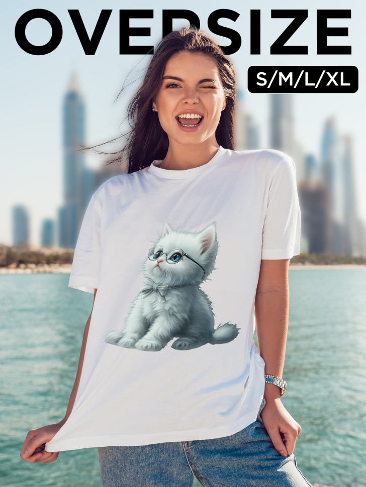 Футболка оверсайз женская с принтом милый котик в очках