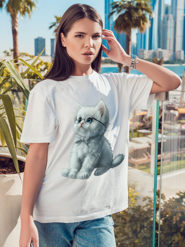 Футболка оверсайз женская с принтом милый котик в очках