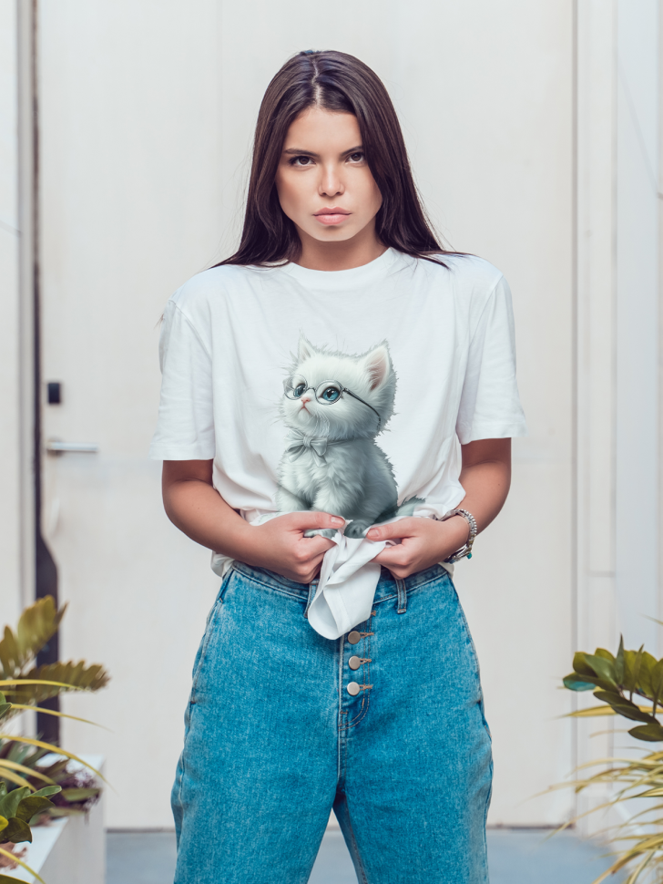 Футболка оверсайз женская с принтом милый котик в очках