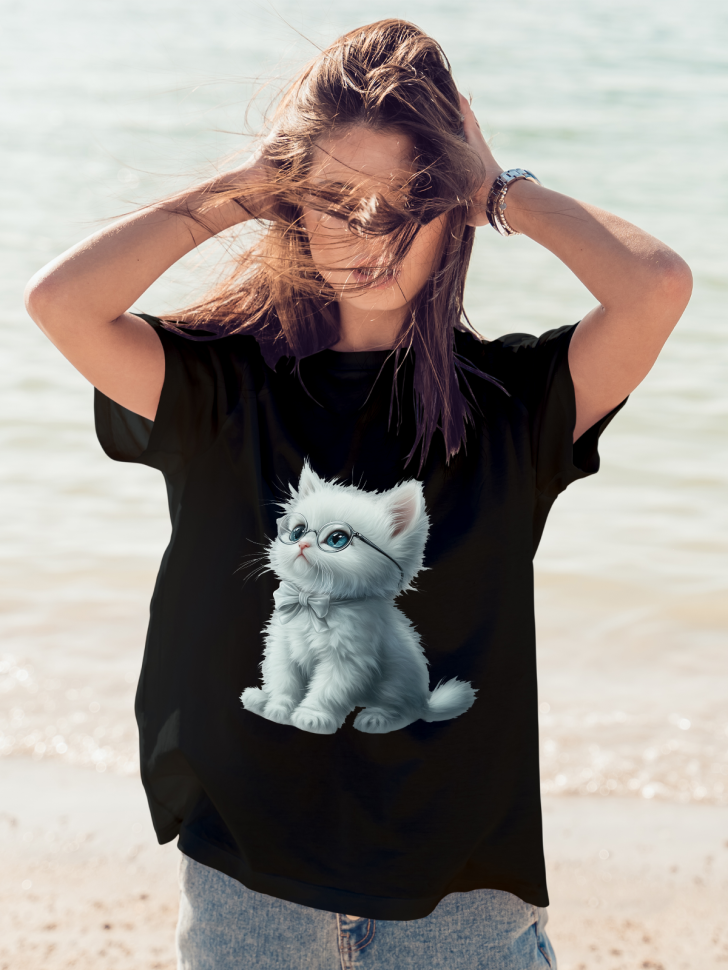 Футболка оверсайз женская с принтом милый котик в очках