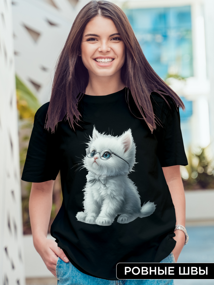 Футболка оверсайз женская с принтом милый котик в очках