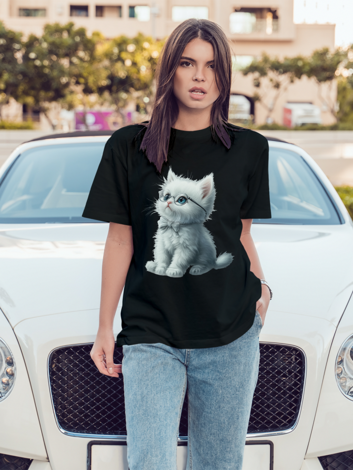 Футболка оверсайз женская с принтом милый котик в очках