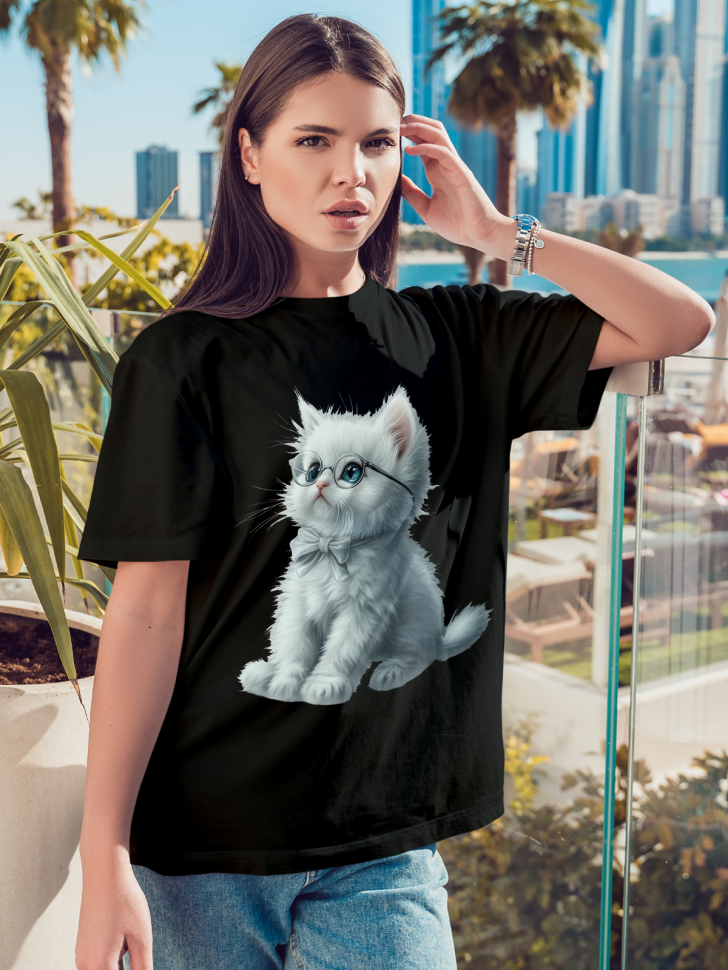 Футболка оверсайз женская с принтом милый котик в очках