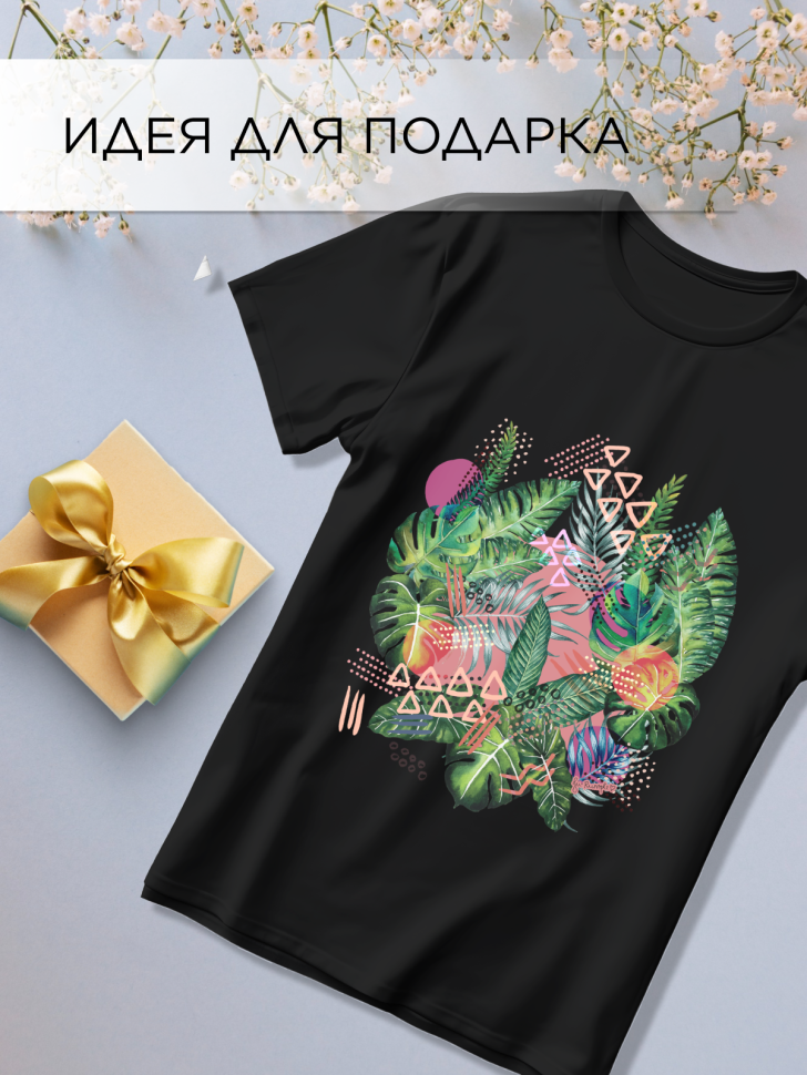 Футболка оверсайз универсальная с принтом Цветы на черном 1