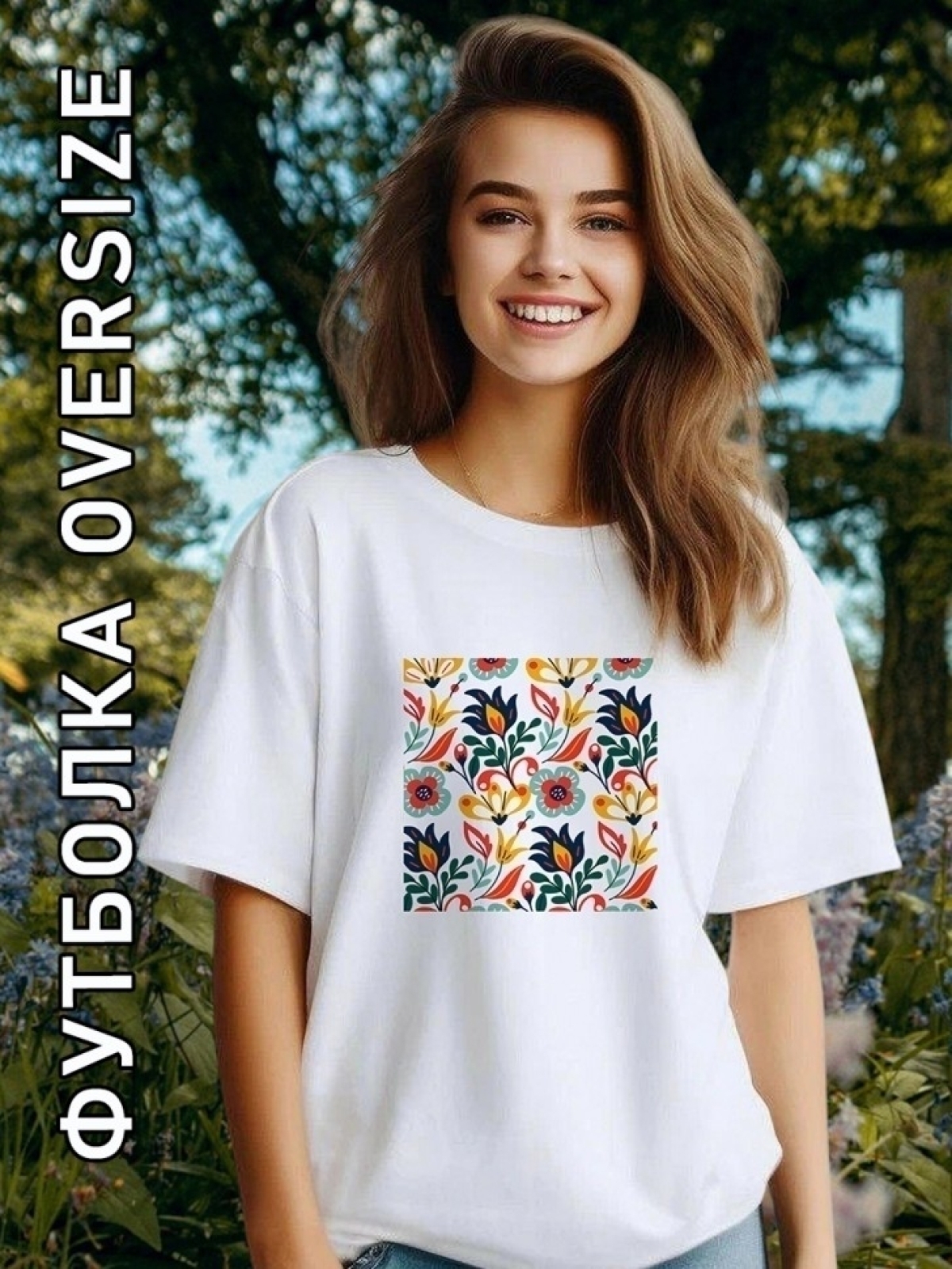 Футболка женская белая с цветочным принтом 