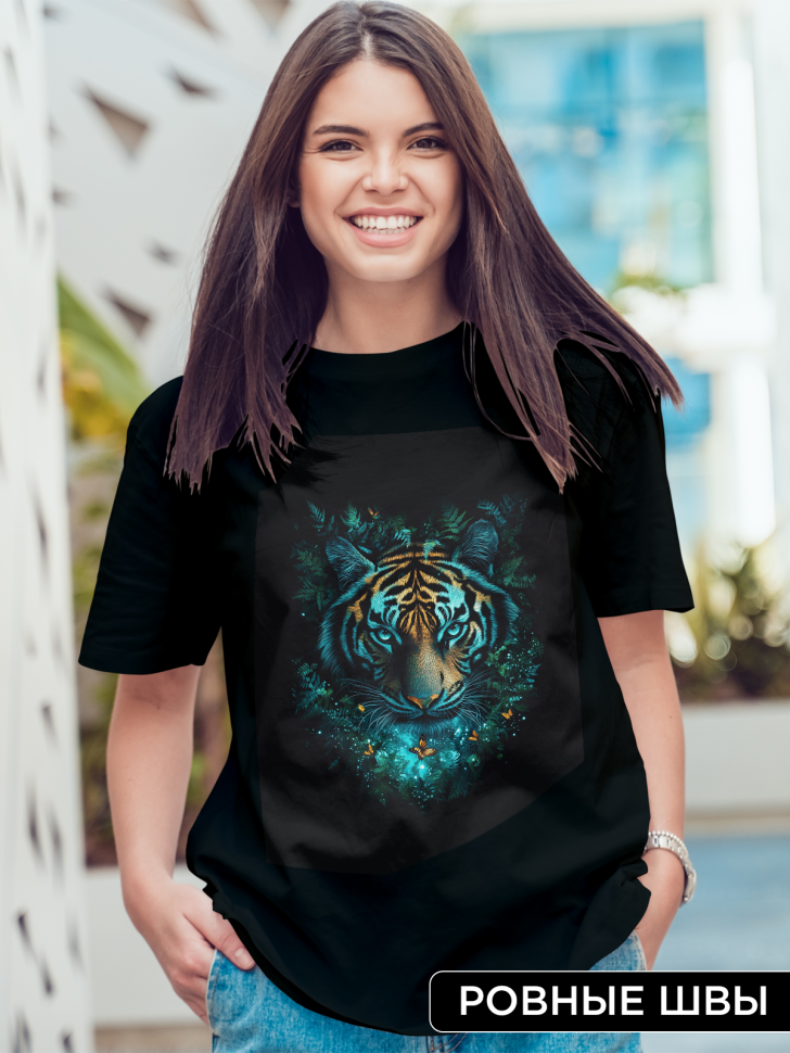 Футболка оверсайз женская с принтом тигр бабочки Футболка оверсайз женская с принтом тигр бабочки