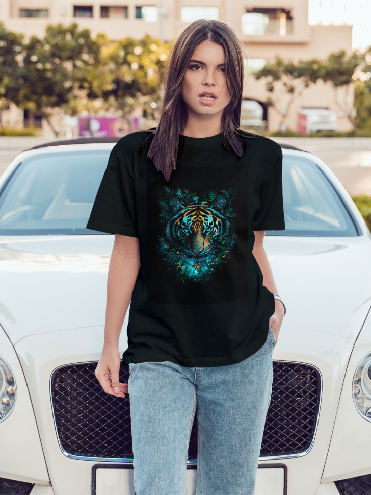 Футболка оверсайз женская с принтом тигр бабочки Футболка оверсайз женская с принтом тигр бабочки