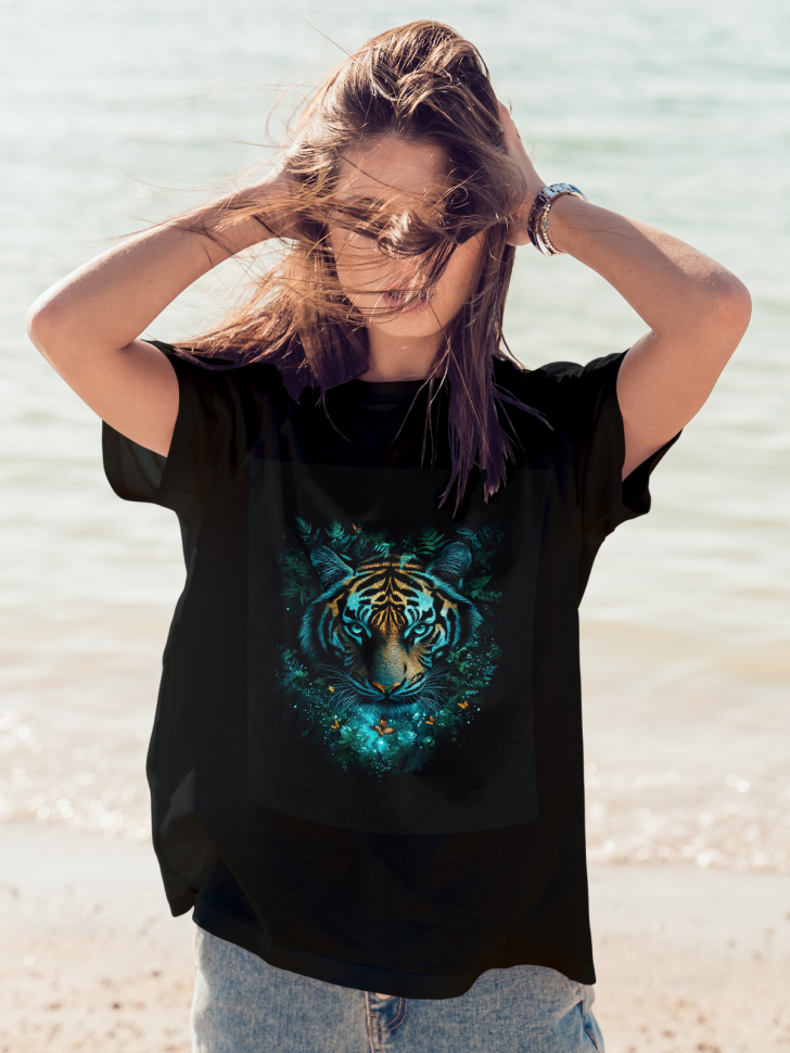 Футболка оверсайз женская с принтом тигр бабочки Футболка оверсайз женская с принтом тигр бабочки