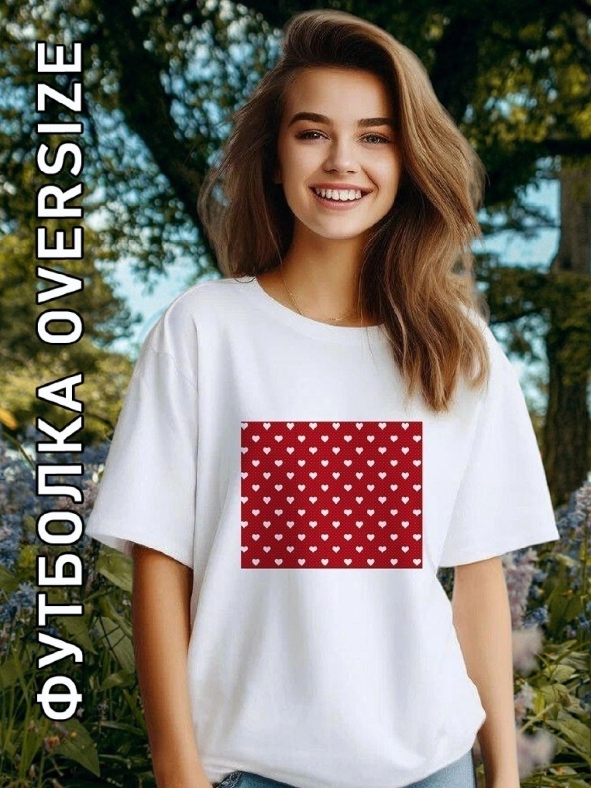 Футболка женская белая с принтом сердце на красном фоне