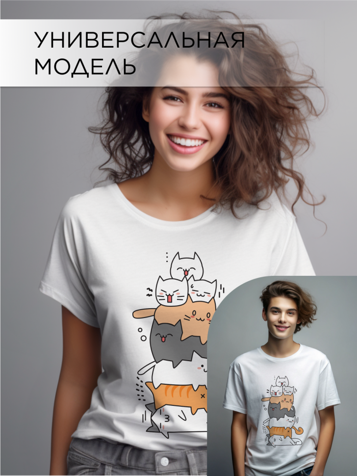 Футболка оверсайз с принтом Куча котиков белая