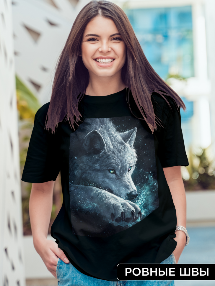 Футболка оверсайз женская с рисунком волк Футболка оверсайз женская с рисунком волк