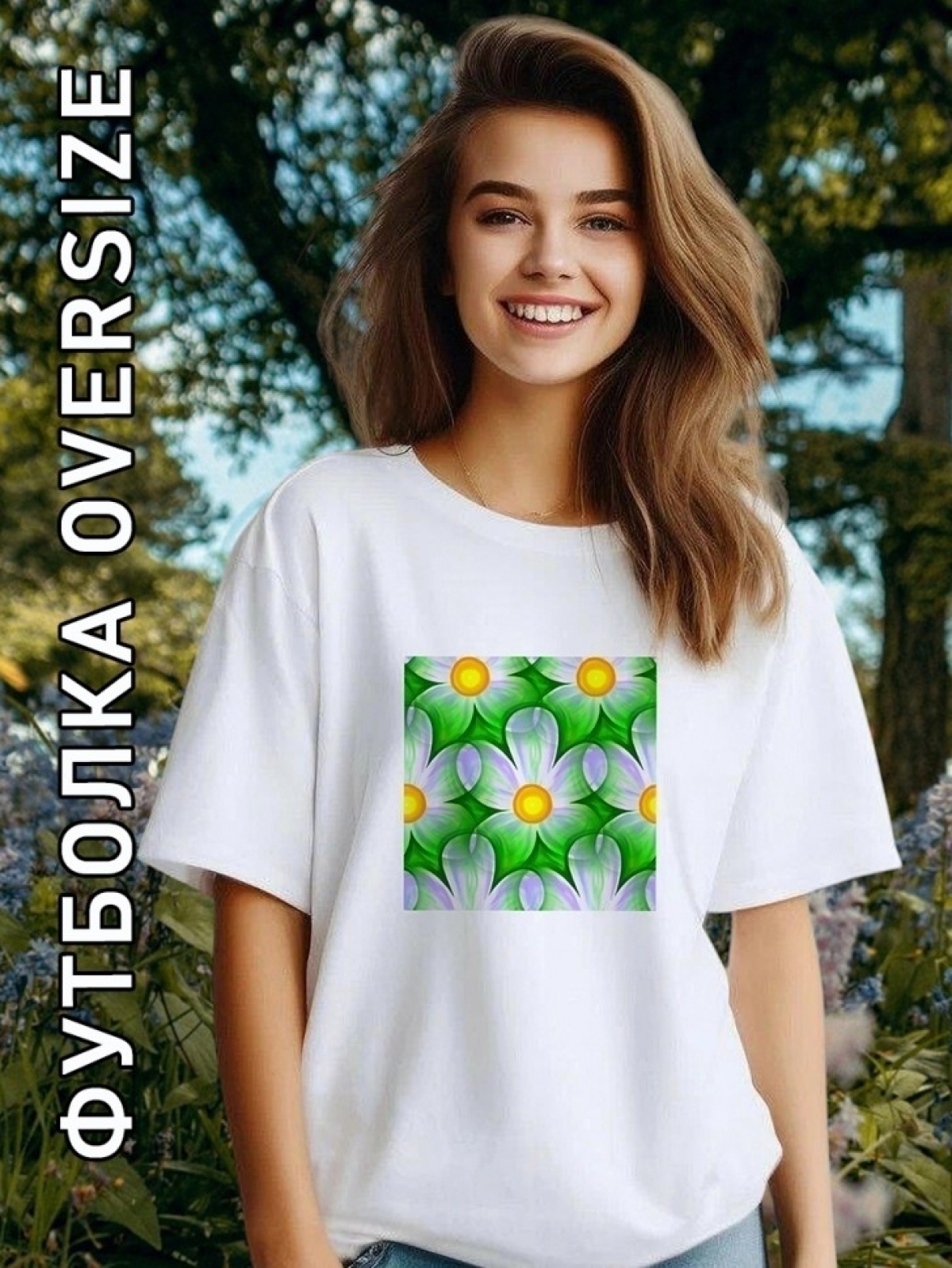 Футболка женская белая с принтом ромашки