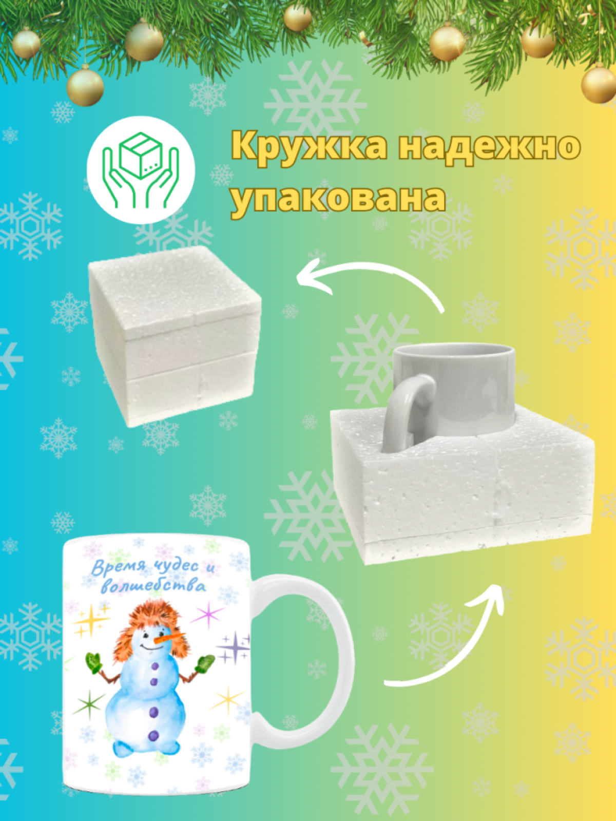 Кружка новогодняя с надписью и принтом Снеговичок