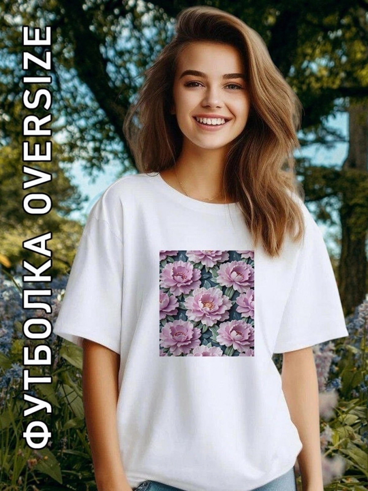 Футболка женская белая с принтом розовые цветы